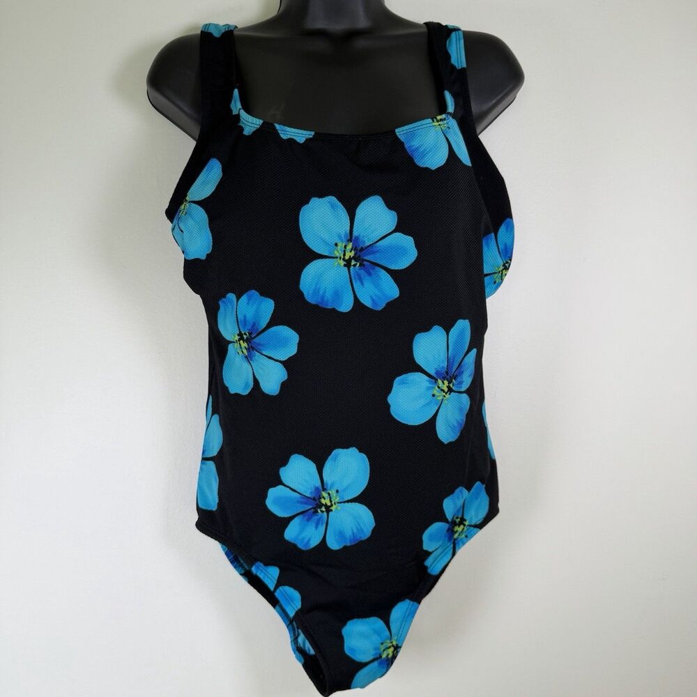 Robby Len Blue Black Floral One-Piece Swimsuit Womens Size 14 Vintage